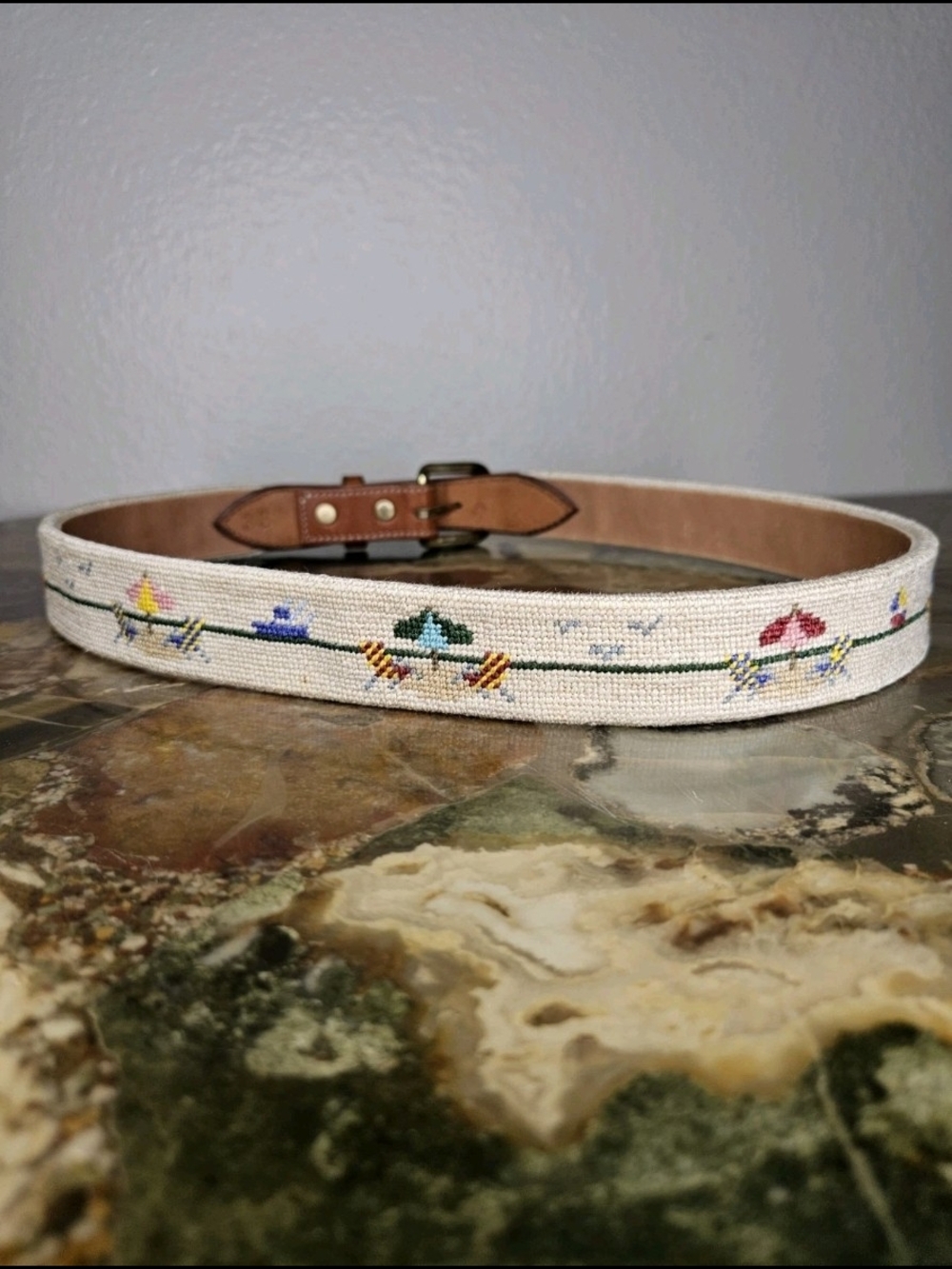 Vintage Needlepoint Belt With Beach Vibes Brass Buckle Size 33